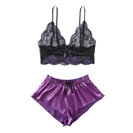 

RQYYD Reduced Women s Lace Cami Top with Satin Shorts 2 Piece Set Sexy Lingerie Pajama Set(9#Purple XL)