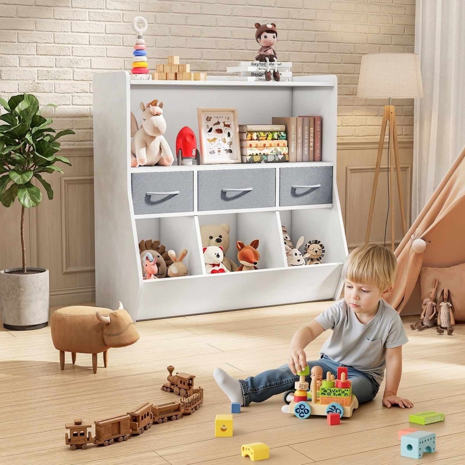 Fenbeli Kids Bookshelf and Toy Storage Organizer, White MDF Bookcase with 3 Removable Fabric Bins Open Compartments and Rounded Edges, for Nursery Bedroom and Playroom