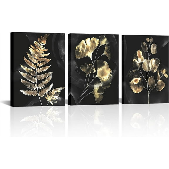 Hieng Black and Gold Bathroom Decor Plant Leaf Wall Art Botanical Leaves Painting Canvas Prints