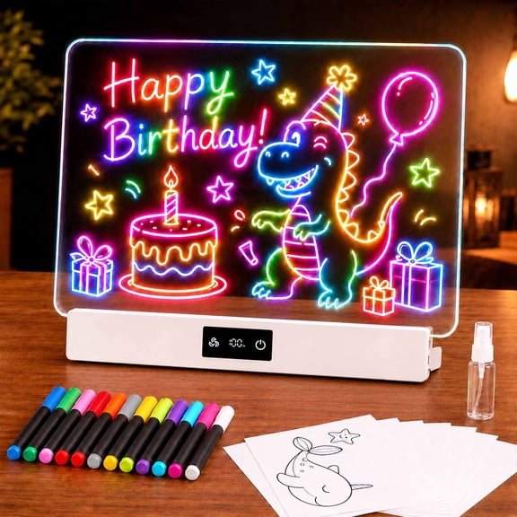 KOBAIBAN Rechargeable LED Drawing Board for Kids, 13.8" with 12 Markers, 8 Colors 3 Dynamic Modes, Built-in Stand, Glow Doodle Drawing Tablet for Kids Art Toy, White
