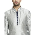thumbnail image 2 of eloria Men's Traditional Silk Blend Solid Silver-Toned Kurta With Navy Blue Churidar Pyjama, 2 of 7