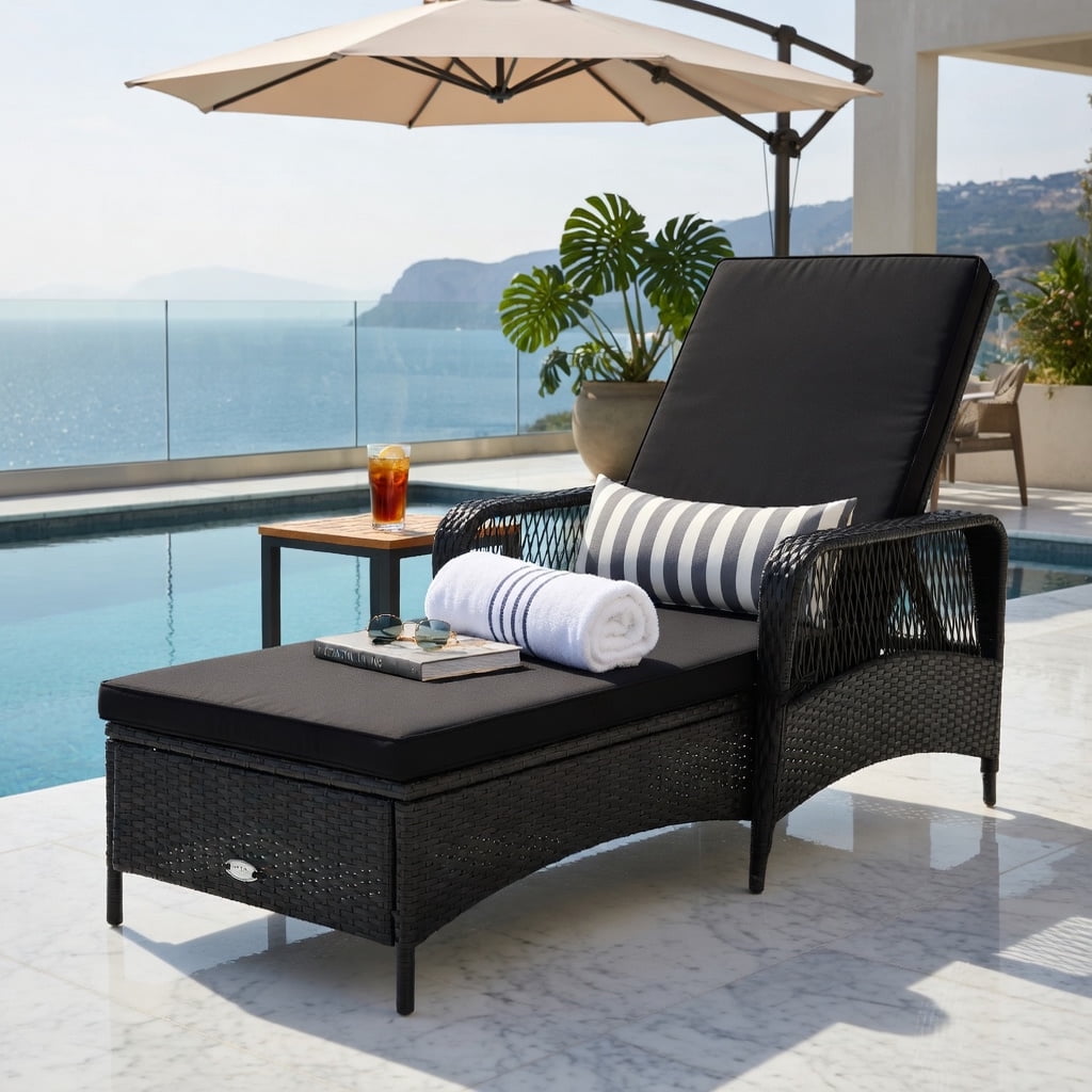 Hommoo Adjustable Outdoor Wicker Chaise Lounge Chair with Weather-Resistant Cushion & Lumbar Pillow, Steel Frame, Black