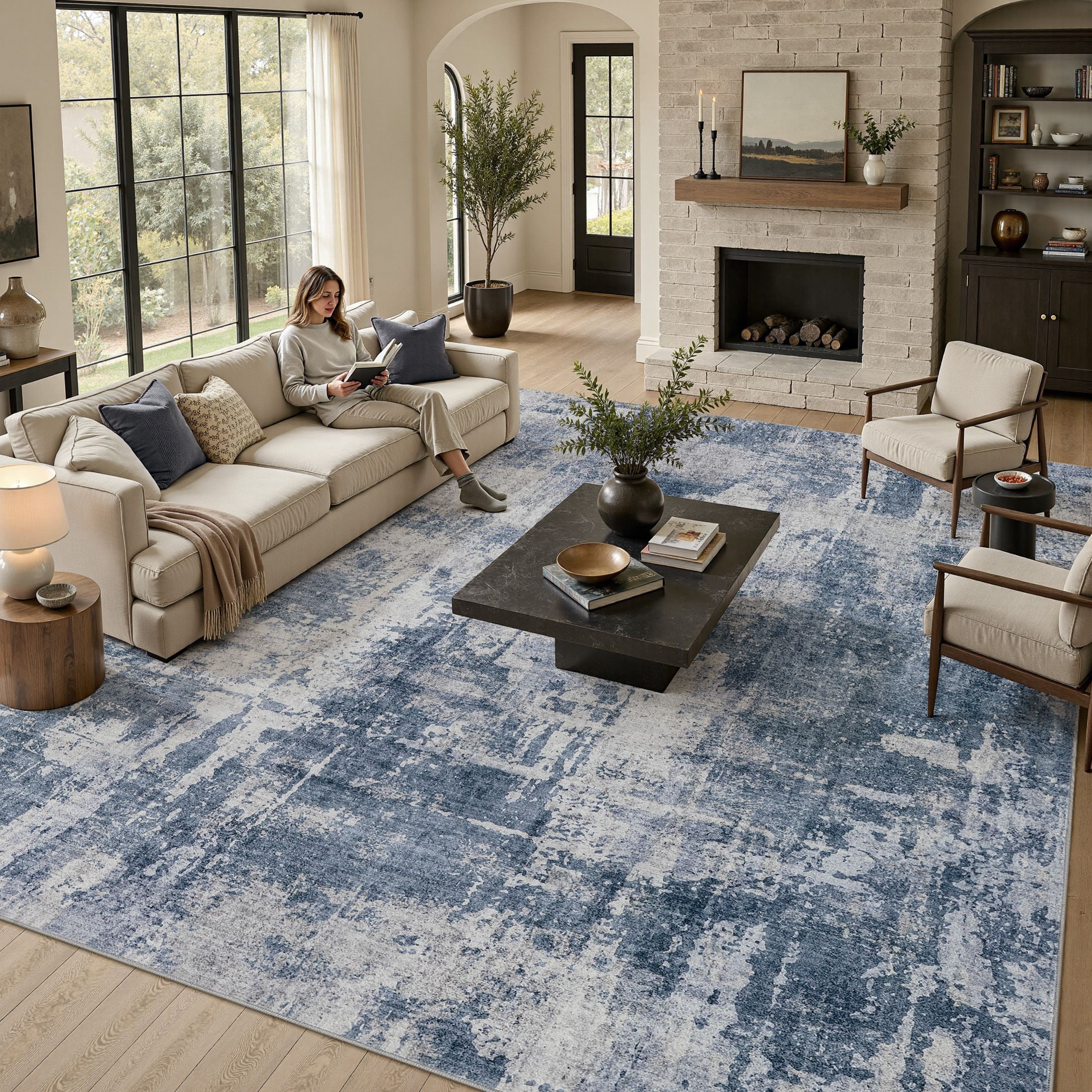 MICGEEK 9'x12' Abstract Area Rugs for Living Room, Stain Resistant Washable Rugs with Non-Slip Backing, Modern Carpet for Bedroom Dining Room Office Throw Rugs, Dark Blue