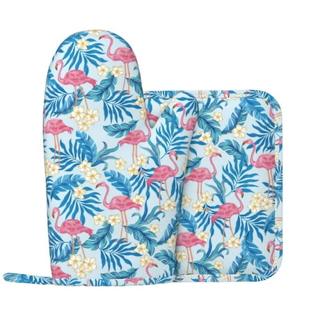 

Oven Mitts and Pot Holders Sets - Palm tree flamingo flower Heat Resistant Silicone Oven Gloves (Left Glove) with Non-Slip Silicone Surface and hot pads for kitchen Baking Cooking