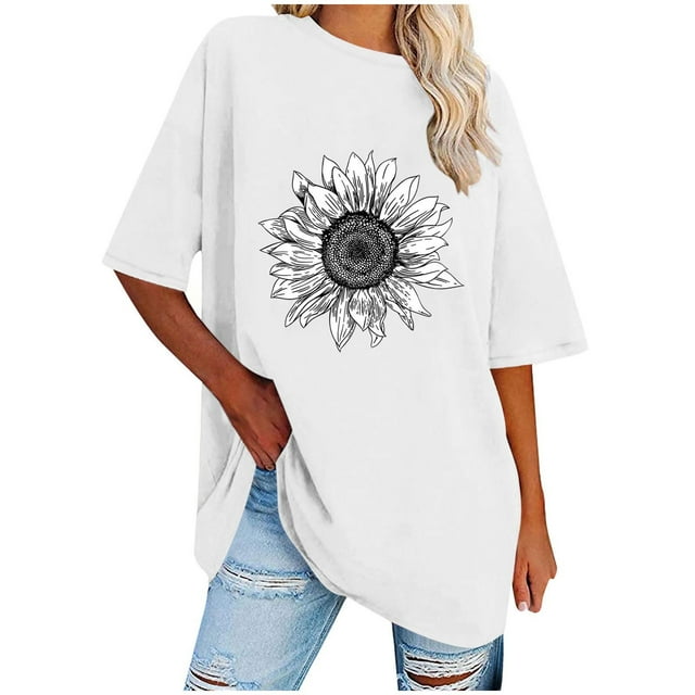 T-Shirt Décontracté à Col Rond Imprimé pour Femmes Manches Courtes Amples Blouse