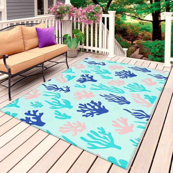 Blue Teal Coral Coastal Outdoor Rug 3x5 Ft, Non Slip Washable Area Rug, Seaside Summer Ocean Nautical Patio Rugs Carpet Runner, Large Floor Mat for Indoor/Outdoor Deck Porch Camping