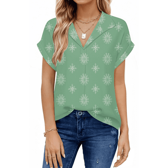 UVN Blouses for Women Summer Short Sleeve Work Shirts Dressy Casual V Neck Print Tops