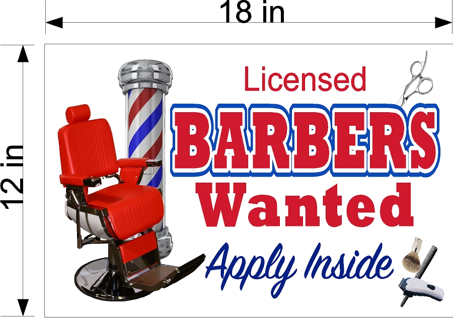 HELP WANTED LICENSED BARBER BARBERS SIGN 12" X 18" SMOOTH PVC