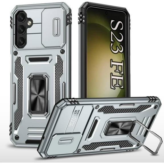 for Samsung S23 FE Case for Galaxy S23 FE Case,with Camera Cover and Ring, [Military Drop Protection],Phone Case for Samsung Galaxy S23 FE Case- Silvery