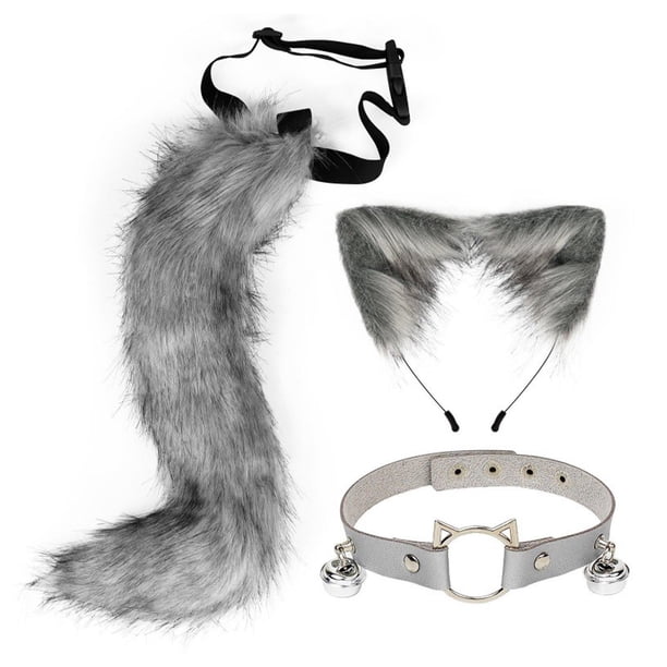 Diadema con orejas de gato y cola larga para disfraz de Halloween Gris