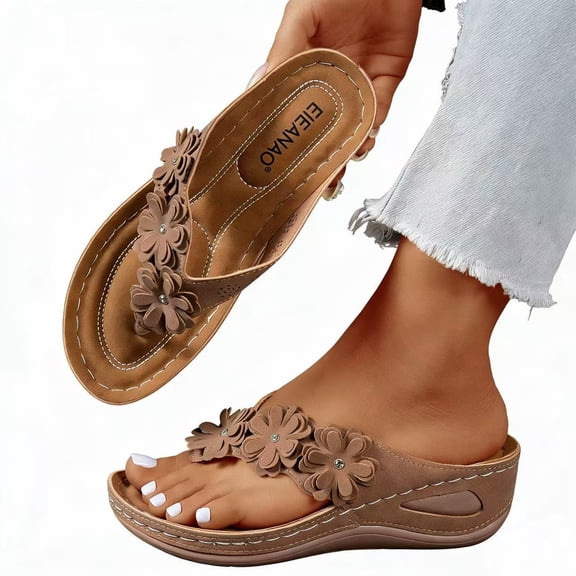 Women's Summer Casual Thick-Soled Floral Sandals - EIEANAO - Brown Size 6