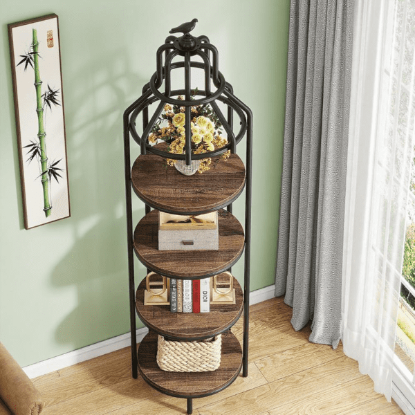 4-Tier Birdcage-Shaped Corner Bookshelf, Vintage Wood Grain & Black Metal Frame, 25lbs/Shelf, Multi-Functional for Living Room/Bedroom/Balcony