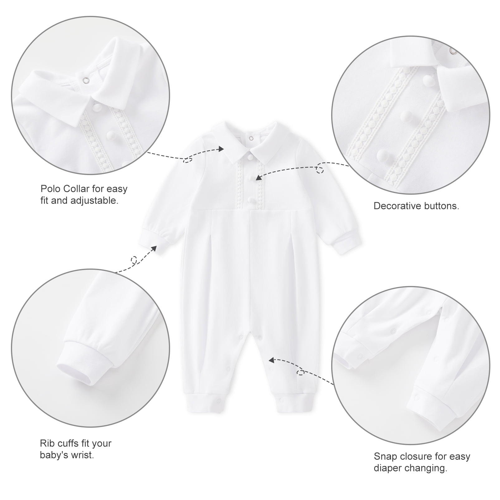 pureborn Baby Boys Baptism Outfits Long Sleeve Jumpsuit with Bonnet 2 Pcs Spring Fall Cotton Christening Clothing White 3-6 Months