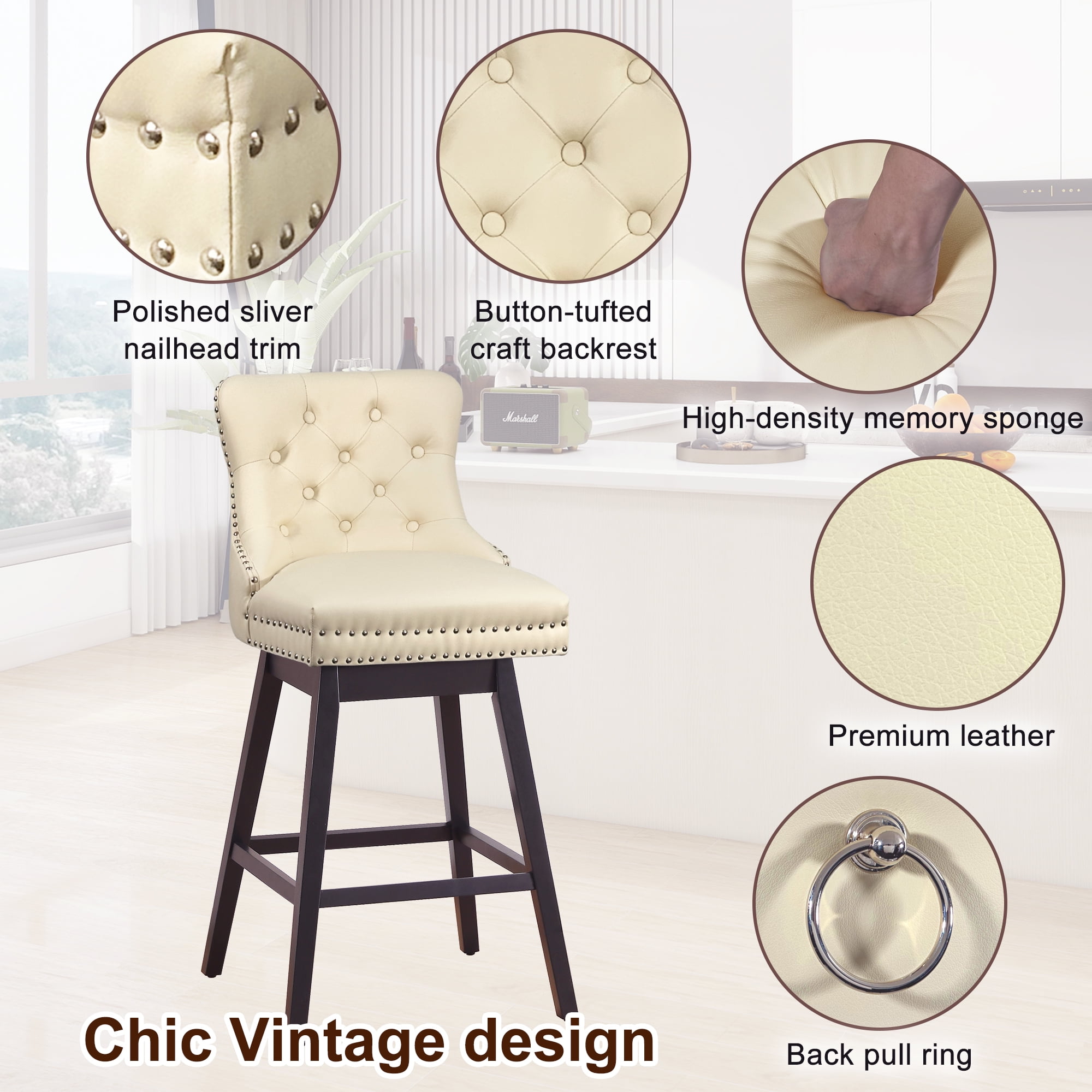 Tewloss 26" Swivel Bar Stools Leather Counter Height Chairs for Home Kitchen Dining, Beige