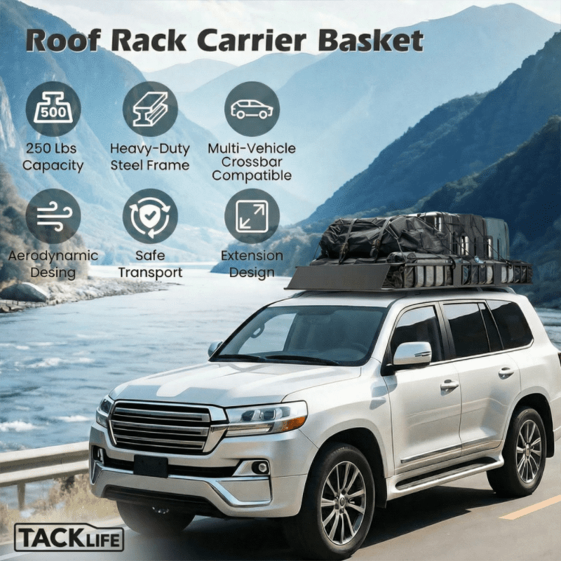 TACKLIFE Roof Rack Cargo Basket,64"×39"×6"Extension Universal Roof Basket,Capacity 250lb,Luggage Rack for SUV/Car,Black