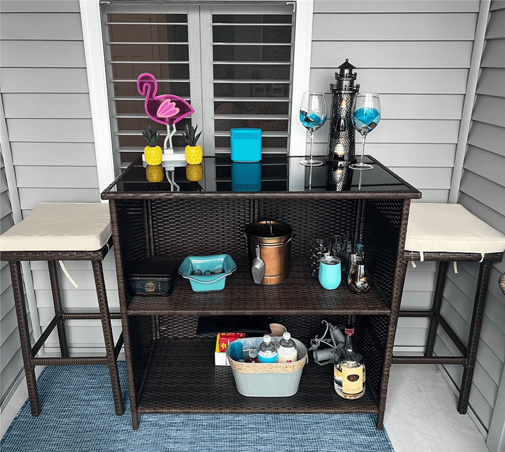 Renwick 3-Piece Rattan Patio Bar Set with Table and 2 Stools, Brown/Khaki