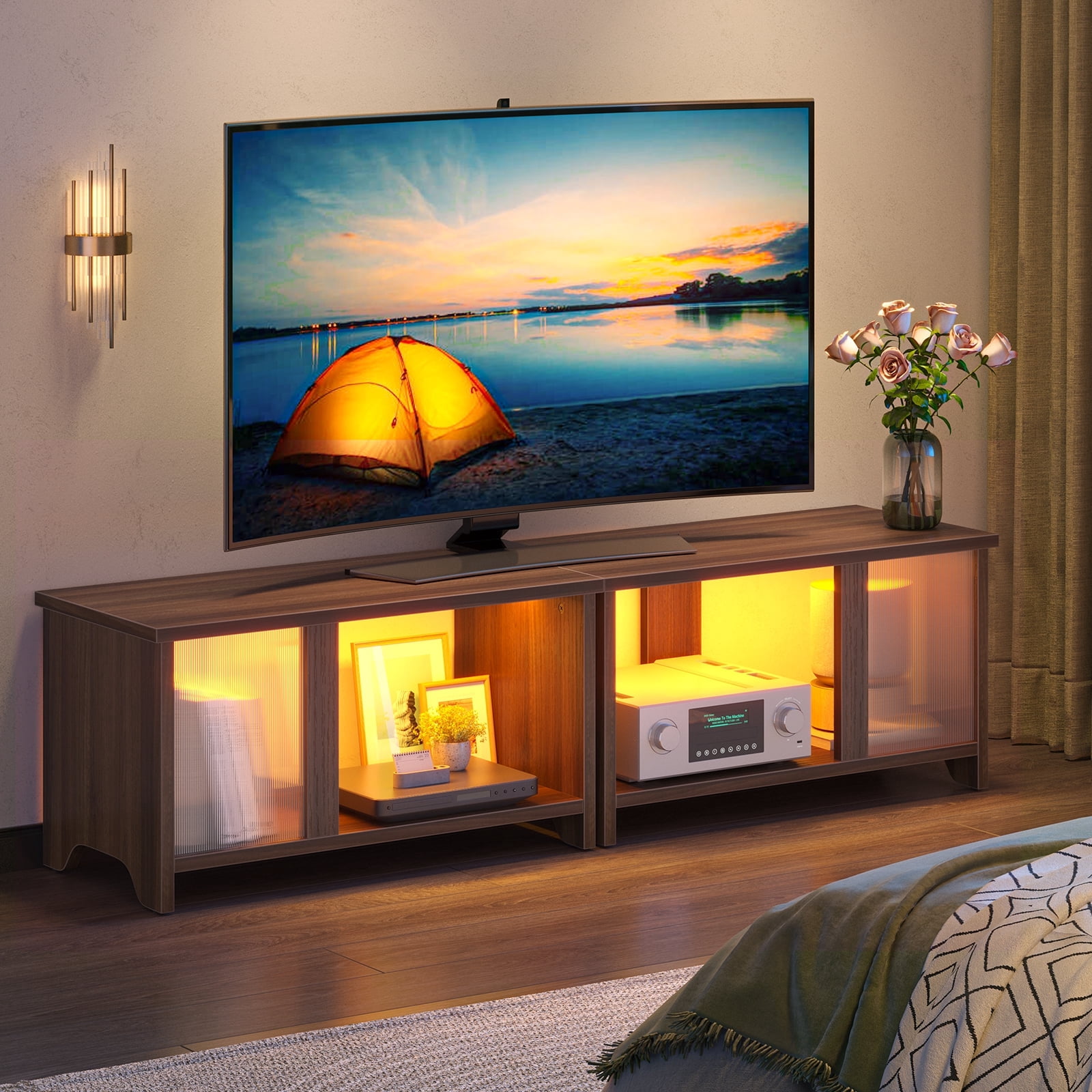 Pinmoco LED TV Stand for TVs up to 65'', Expandable Side by Side or Stacking TV Stand with Storage, Rustic