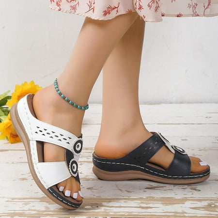 

symoid Women s Comfort Slide Sandals- Wide Width Clearance Slides Sandal Footbed Platform Wedge Flower Comfy Soles Boho Black Dressy Slide Sandals for Women Size 7