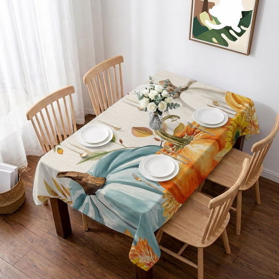 Orange White Pumpkin Fall Table Cloth Waterproof Tablecloths, Thanksgiving Floral Leaves Rustic Tablecloth Dining Table Cover for Kitchen Party Tabletop Outdoor, Rectangle Tablecloth 60x84 Inch