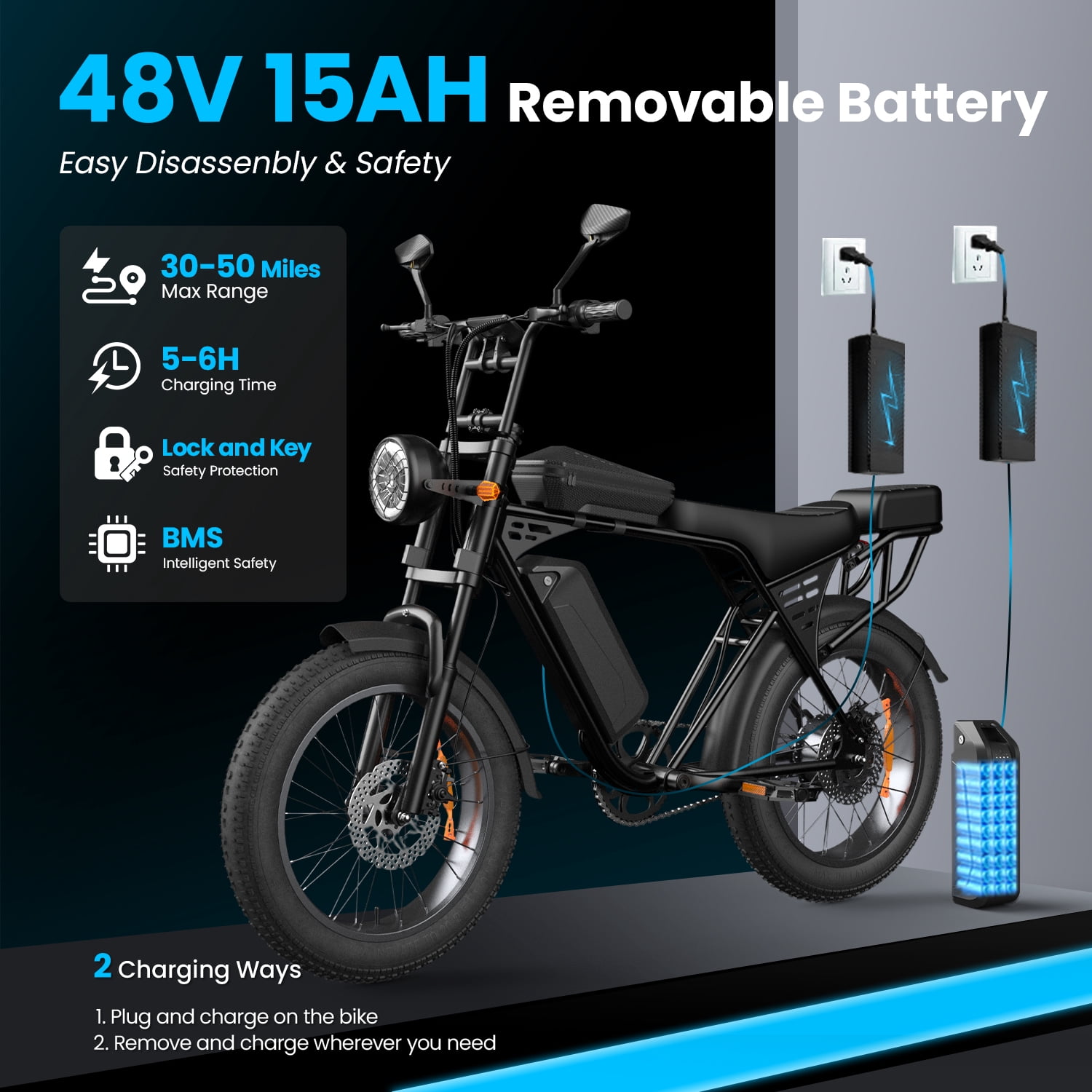 Aairsk Electric Bike for Adults, 748 Peak Ebike, 48V 15AH Removable Battery, Top Speeds 25 MPH, 20" Electric Off-Road Bike, LED Turn Signals, UL 2849
