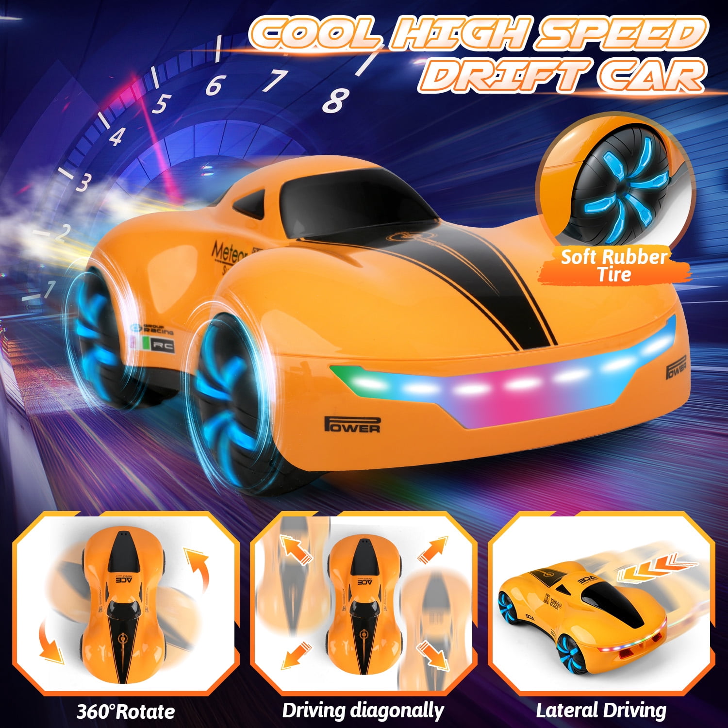Huge Wave RC Cars for Aged 4-12 Boys , Rechargeable Remote Control Stunt Car, 360° Rotate, Cool Light & Dual Spray, Christmas Birthday Toy Gifts for Kids, Orange