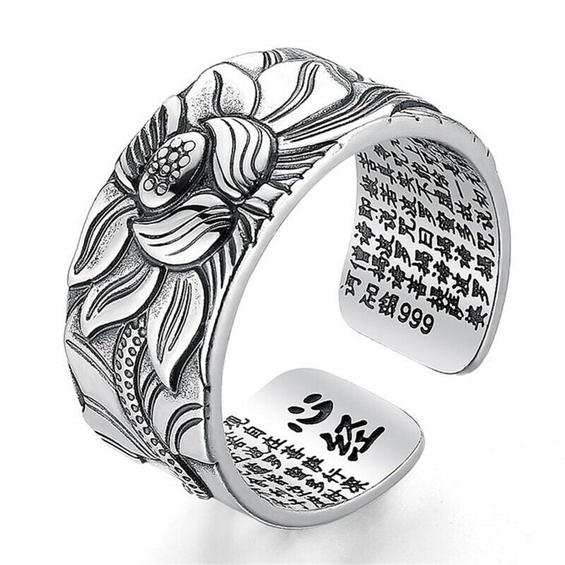 Mens Womens 925 Sterling Silver Ring Signet Lotus Six Words Mantra Sutra Buddha 