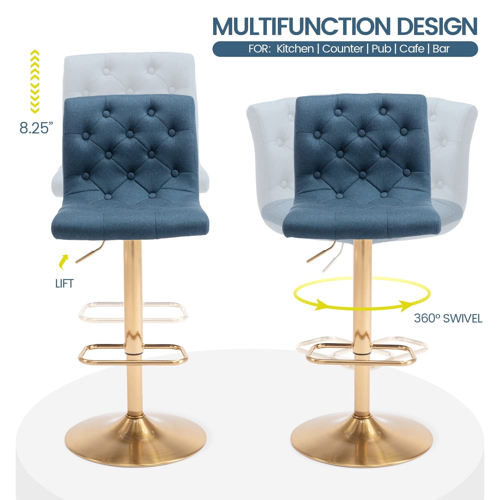 Modern Upholstered Bar Stool with Back Set of 2, Armless 360° Swivel Adjustable Height Linen Padded Bar Chair for Kitchen Island, Dining Room, or Café (Blue)