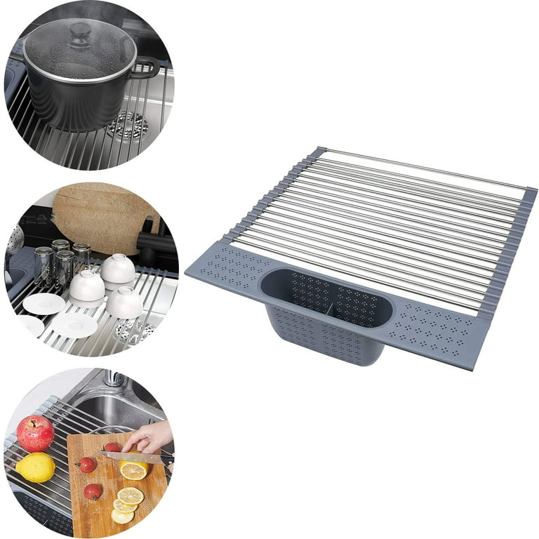 Home Basics Multi-Purpose Flexible Silicone and Stainless Steel Roll Up Dish  Drying Rack, Grey, KITCHEN ORGANIZATION