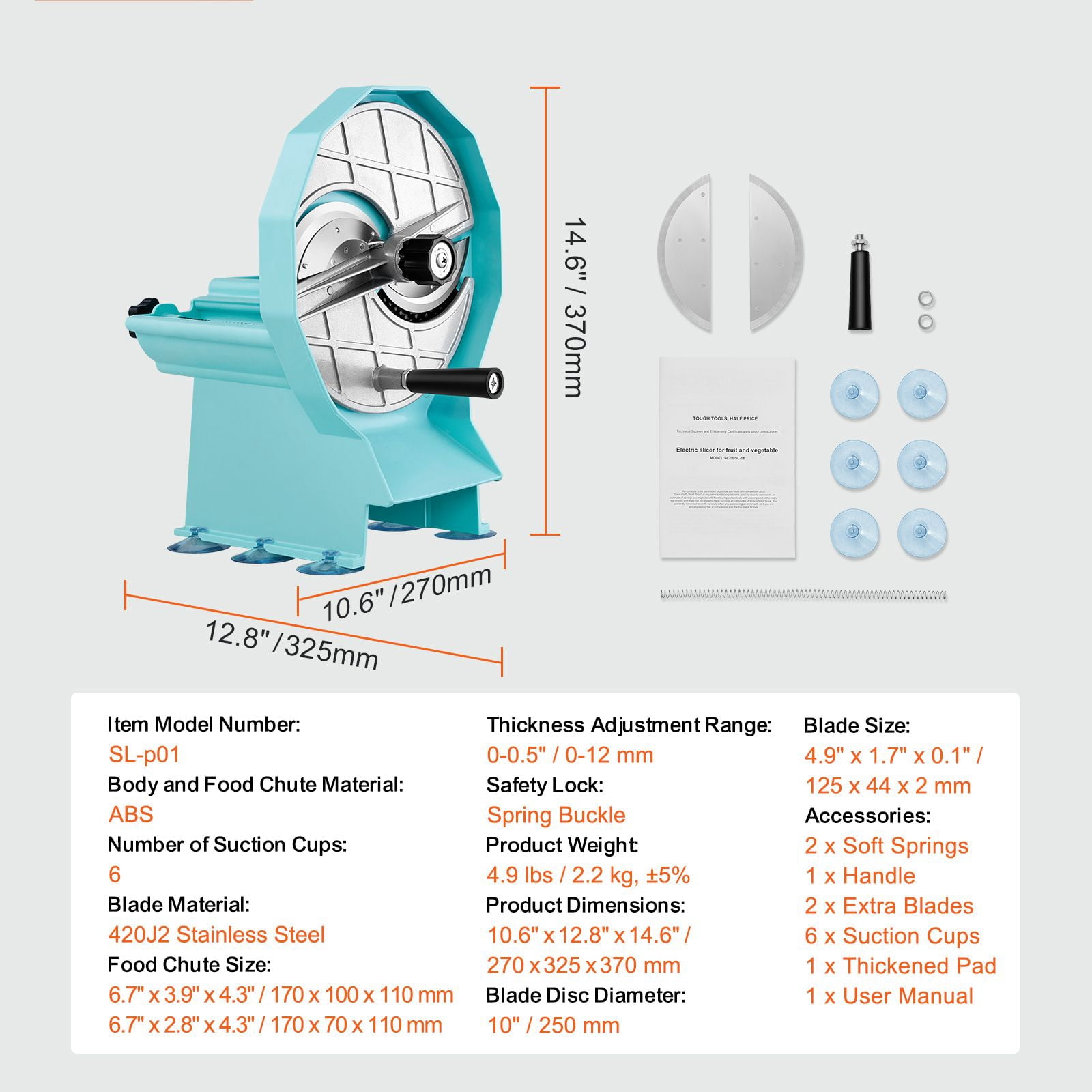 Manual Vegetable Slicer, Adjustable 0-0.5" Thickness, Stainless Steel Blades, Dual Feed Chutes, 6 Suction Cups, Commercial Grade, for Fruits, Vegetables & Cheese
