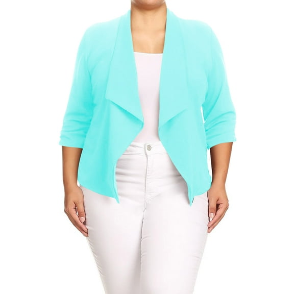 Moa Collection Women's Chic Plus Size Office Blazer – Rolled Up 3/4 Sleeves Open Front