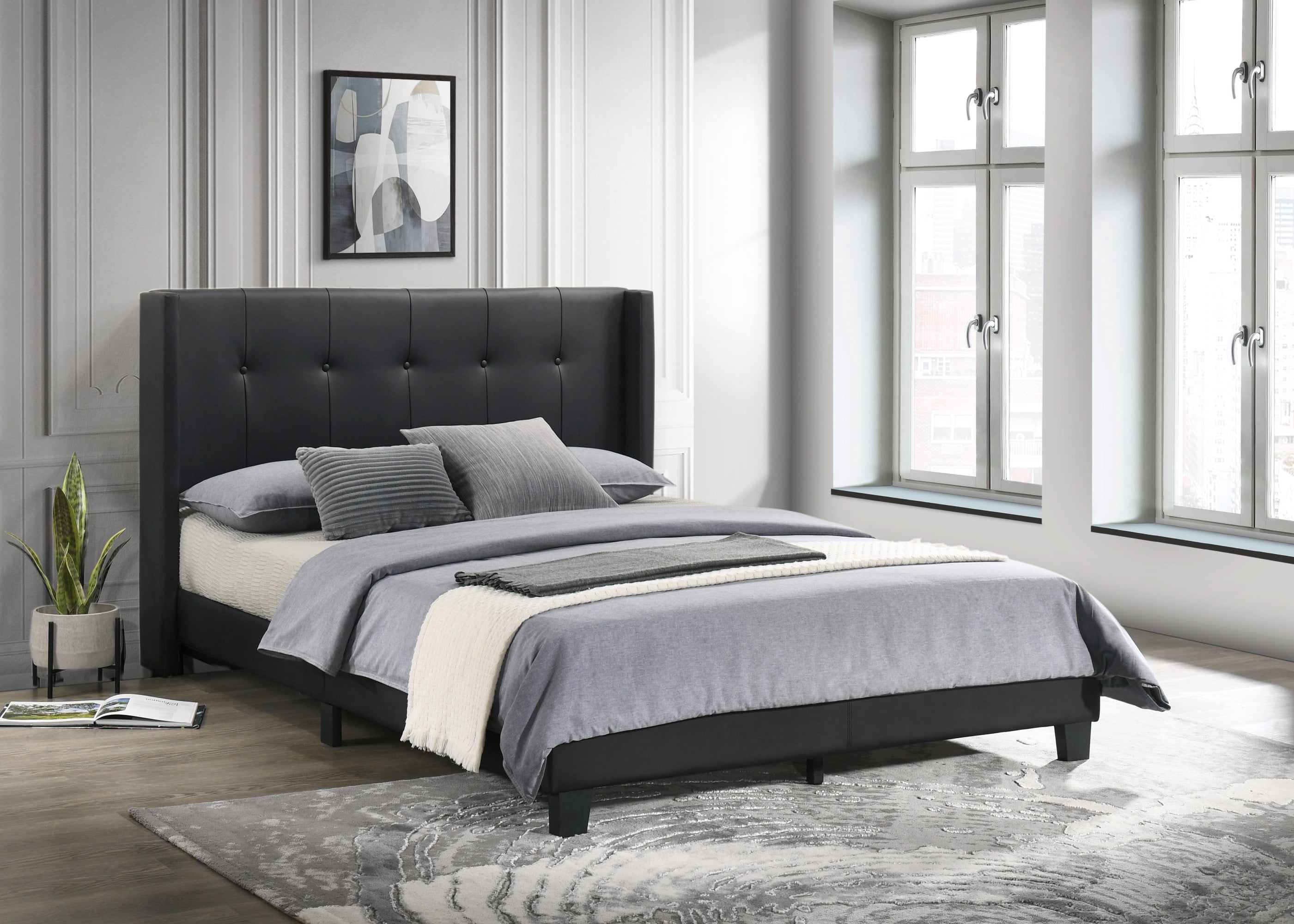 Home Design Evelyn Full Upholstered Platform Bed Frame with Tufted Headboard and Wingback Design, Black, Easy Assembly