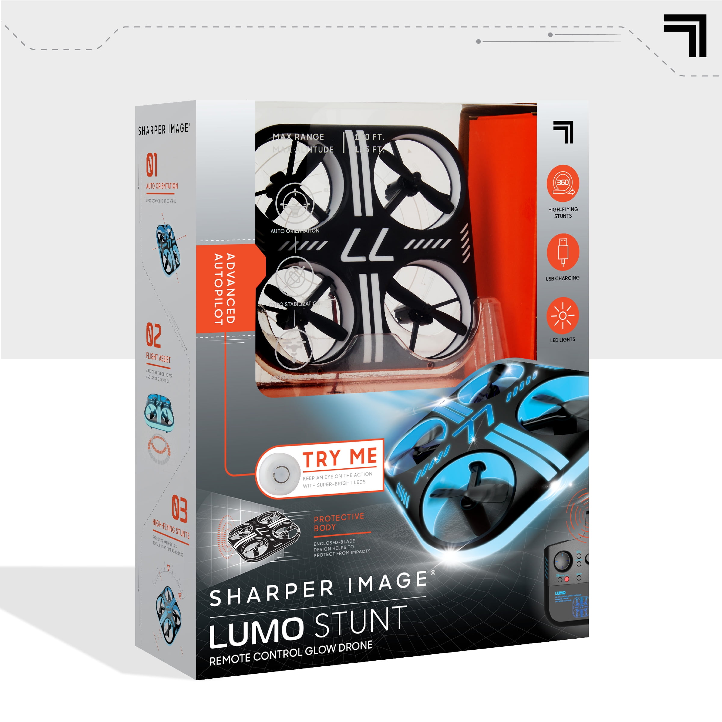 Sharper Image® Lumo Stunt Remote Control LED Glow Drone, Long Range Wireless Control, 3 Light Modes