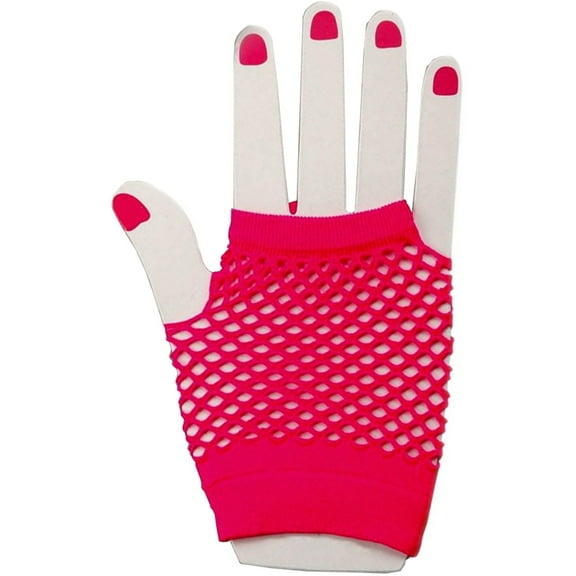 Adults Sexy Neon Pink Fishnet Fingerless 80s Rock Costume Half Gloves