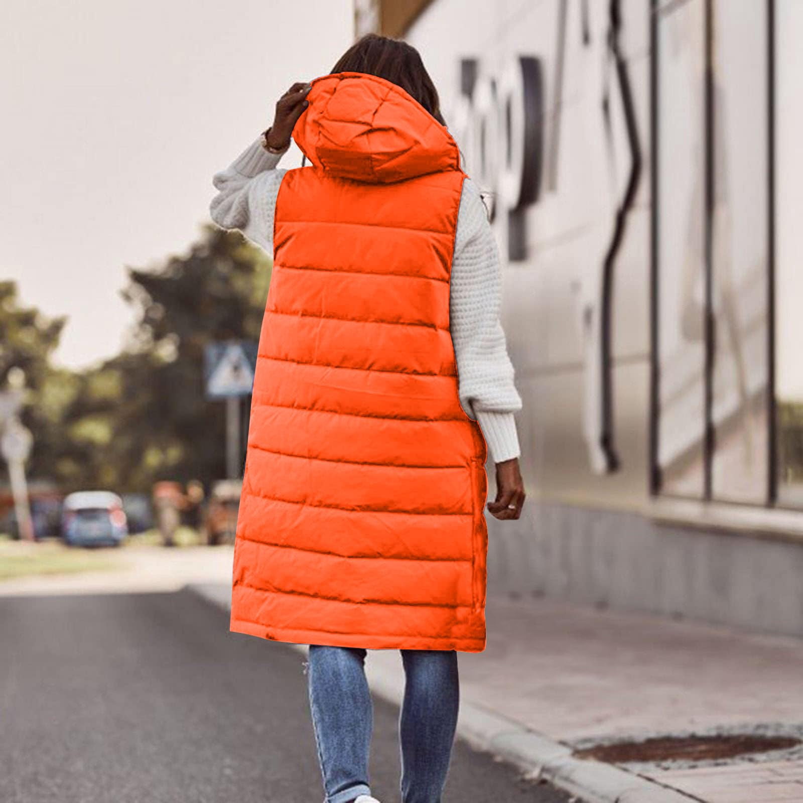 Womens Puffer Vest Sleeveless Hooded Long Quilted Vests Zip Up Lightweight Puffy Winter Jackets Gilet with Pockets