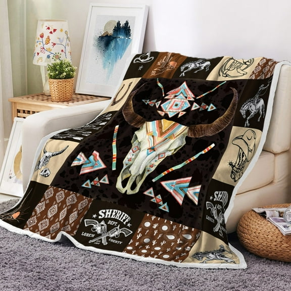 Western Cowboy Throw Blankets, Southwestern Bull Skull Cozy Warm Blanket for Girls Boys Kids Adults, Western Boho Geometric Blanket for Bed Couch Travel, 50X60IN