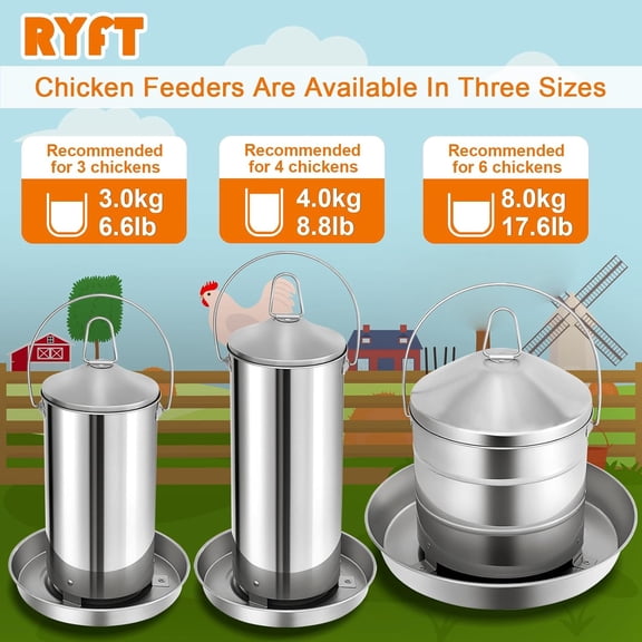 Automatic Chicken Feeder 3KG/6.6lbs, Stainless Steel Poultry Feeder, Heavy Duty Thickness 0.035 in / 0.9 mm, with Handle, Top Filled,  and Rust Resistant