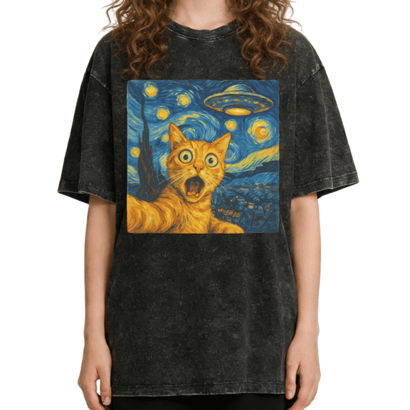 Women's Funny Starry Night Cat UFO Style Aesthetic Graphic Casual Washed T Shirt Black S-2XL Plus Size