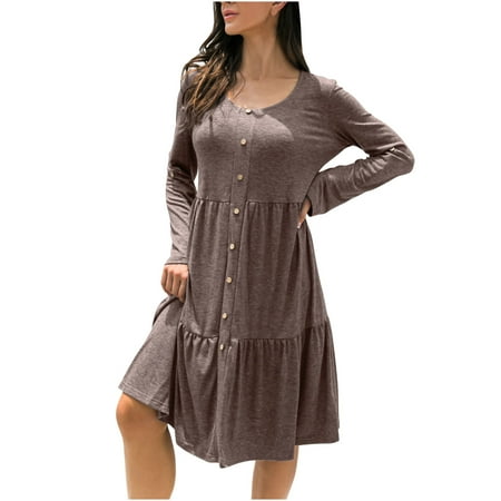 

Juebong Fashion Casual Women s O-Neck Loose Solid Color Sexy Long Sleeve Button Dress