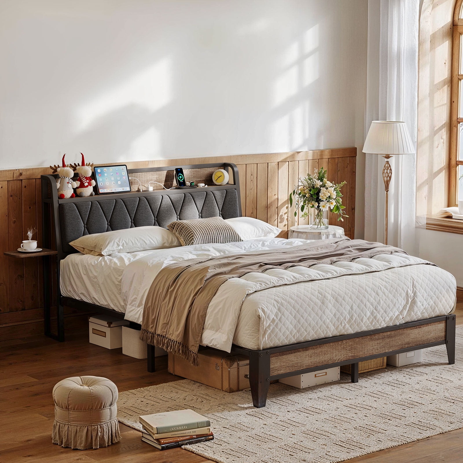 Queen Size Bed Frame with Charging Station, Ergonomic Upholstered Headboard with Side Storage Shelf, Metal Slats Support, Twin Platform Bed Frame, No Box Spring Needed, Black