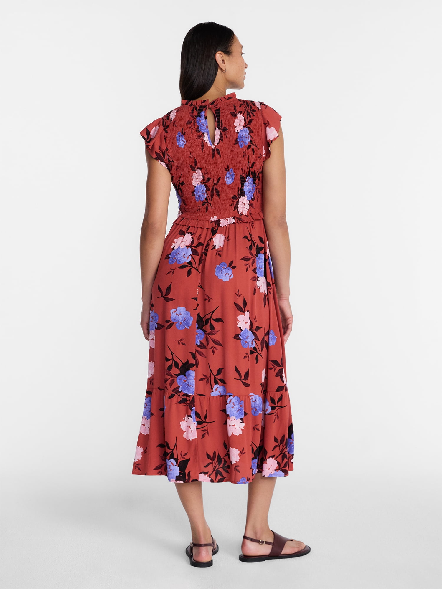 Time and Tru Women's and Women's Plus Smocked Bodice Midi Woven Dress, Sizes XS-4X