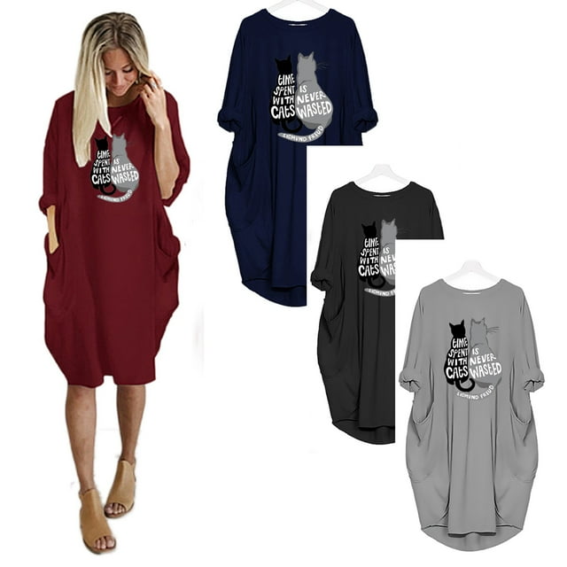 REDHOTYPE Plus Size Cat Print Women Casual Retro Loose Long Sleeve Dress With Pockets Cartoon Design