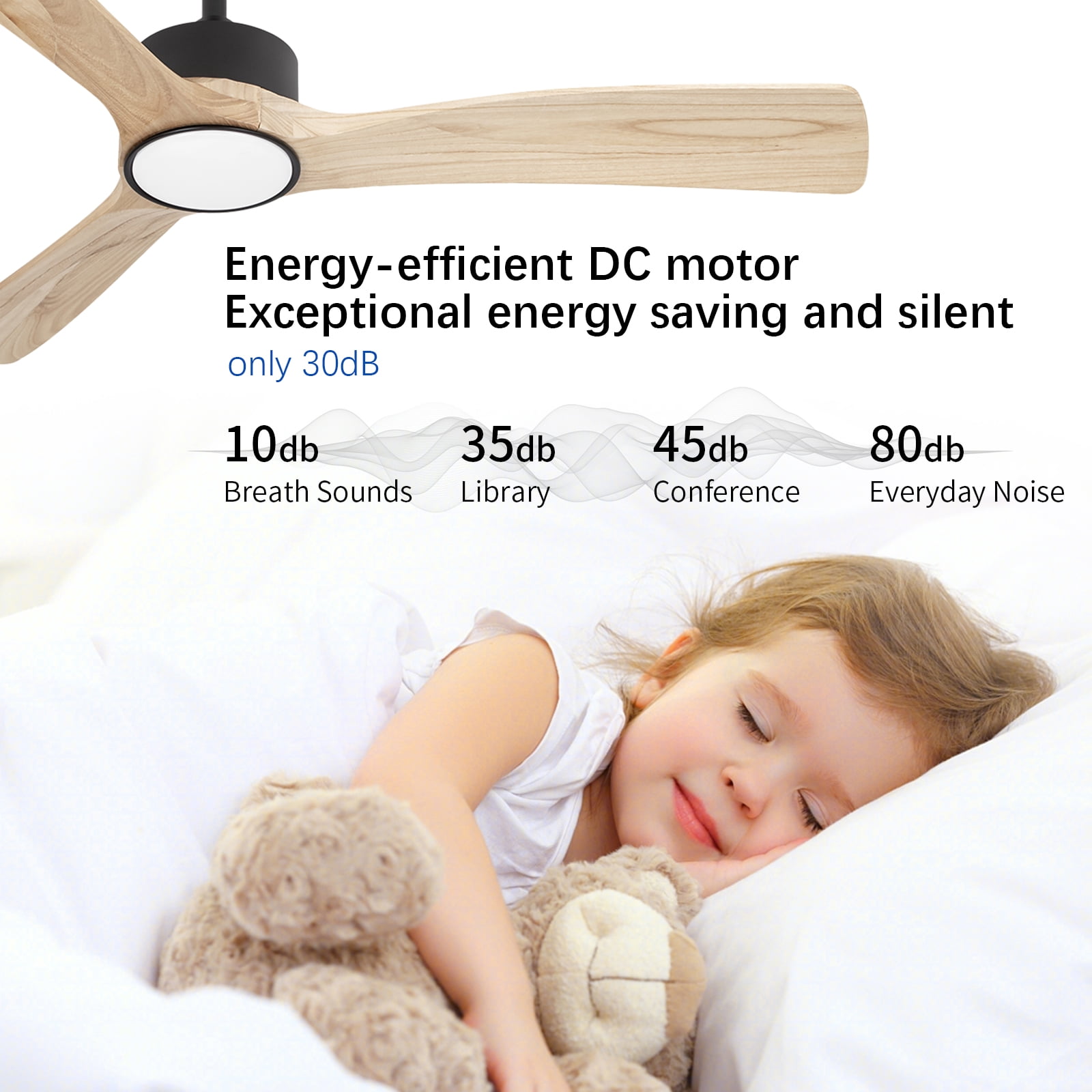 Wozzio 52 inch Ceiling Fan with Light and Remote,DC Motor,3CCT Dimmable LED Light,3 Solid Wood Blades,Indoor & Outdoor