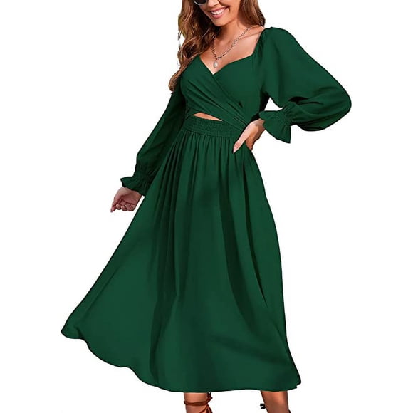 Women Tie Back Long Puff Sleeve Dress Sage Ruffle Wrap Reversible Flowy Casual Midi Dress with Pocket for Party Wedding Beach dark green xl