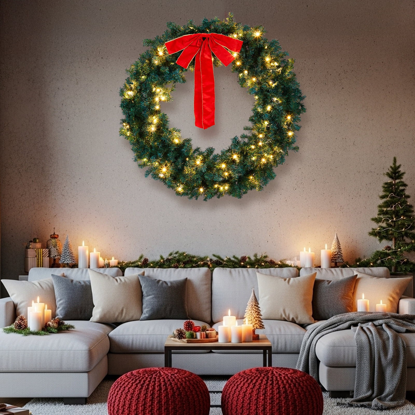 46in Pre-lit Christmas Wreath, Lighted Artificial Xmas Wreath with 150 Warm & Multi-color Lights and 450 PVC Tips, Remote Control Stepless Dimming, for Front Door Gate Wall Xmas Party Decorations