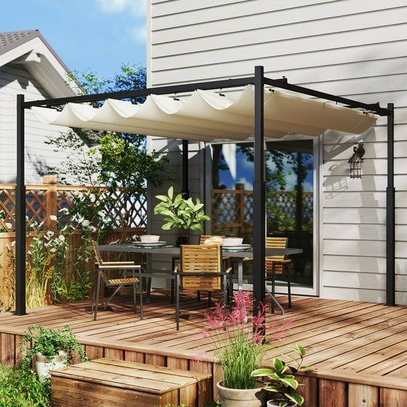 Outsunny 10' x 10' Retractable Pergola with Magnetic Fixture, UPF30  Patio Pergola, Cream White