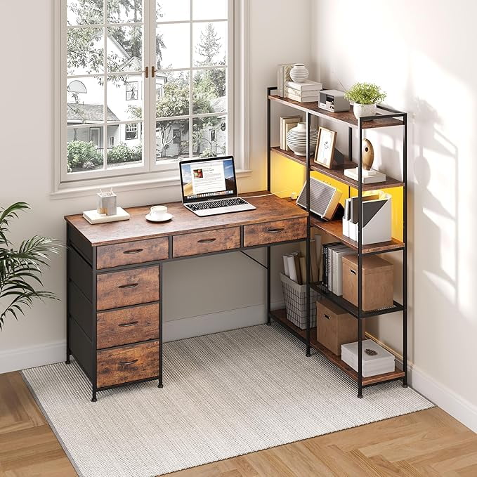 Gaming Desk L Shape with 6 Fabric Drawers, 5 Tier Open Shelves, Corner Computer Desk for Living Room Study, Brown