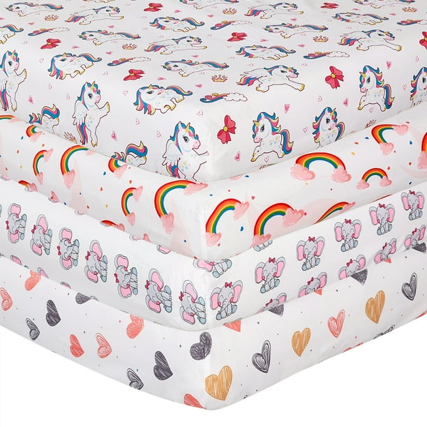4 Pack Baby Girl Crib Sheets Unicorn Rainbow Pink Elephant Fitted Crib