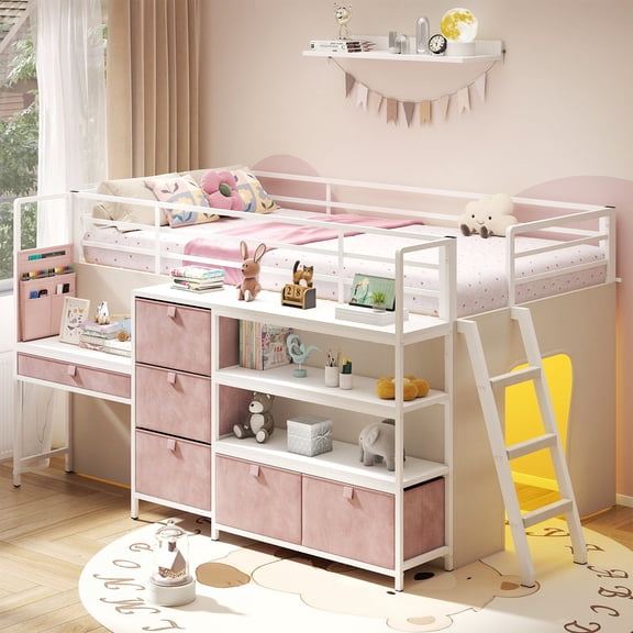 Anyhave Twin Low Loft Bed with Desk and 6 Storage Drawers with Bookshelf,LED Lights & Under-Bed Play Space, 13.8''H Safety Guardrail, Pink