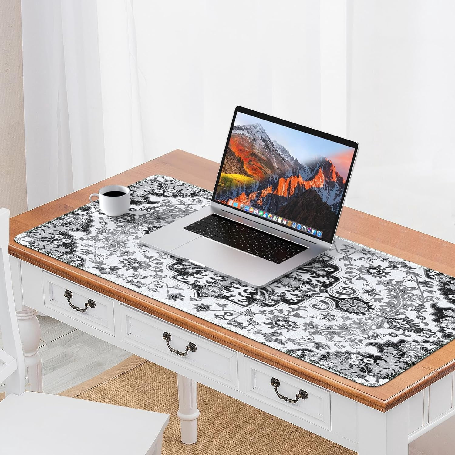 Desk Mat, Boho Large Mouse Pad for Desk, XXL Extended Keyboard Pad Gaming Mouse Pad Office Desk Accessories for Women Desk Organizers, Floral Gray