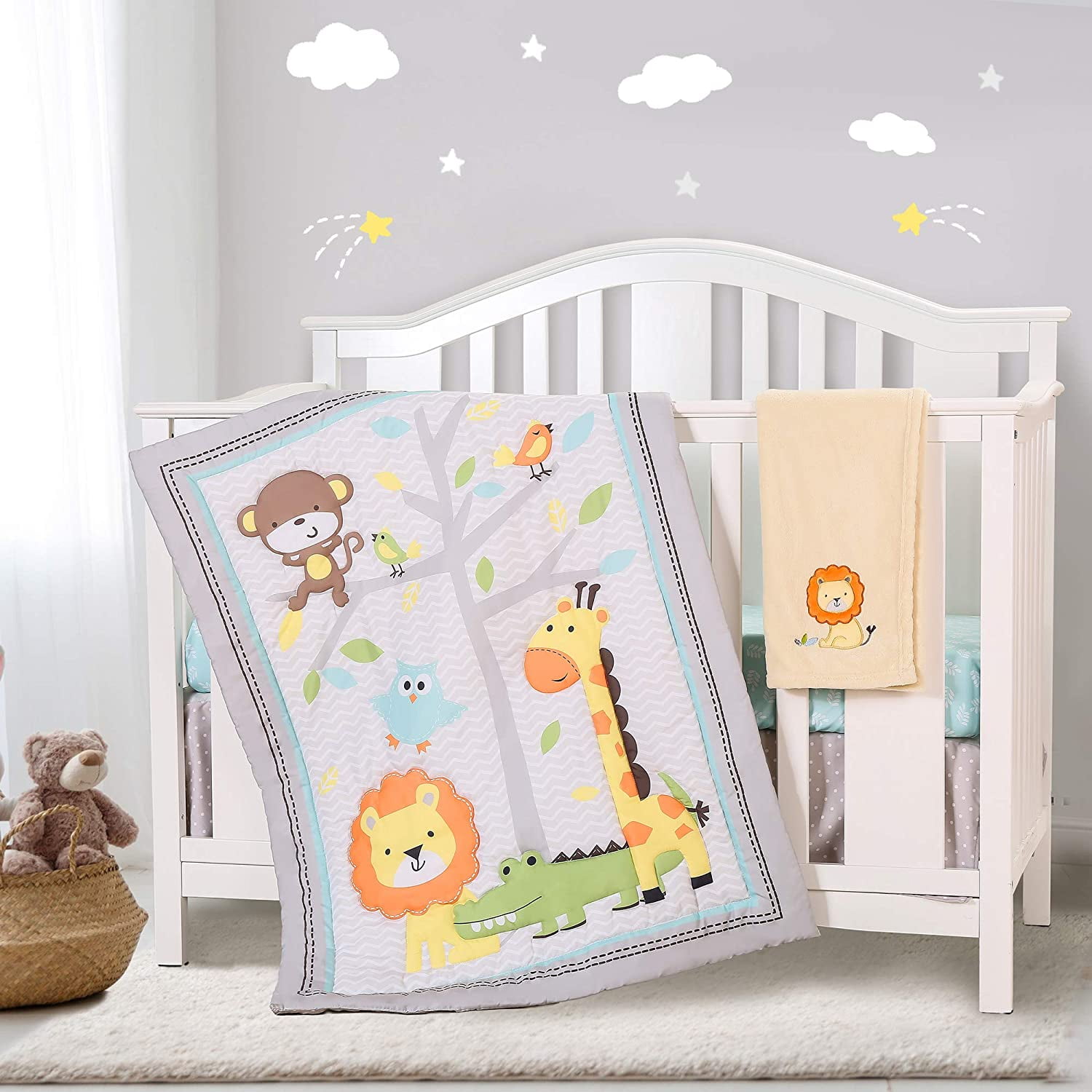 3 Pieces Tufted Crib Bedding Set With Ruffle Fringe, Beige Ruffled Comforter With Fitted Sheet And Bed Skirt , Soft And Embroidery Shabby Chic Boho Bohemian Jacquard Design For Baby Girls